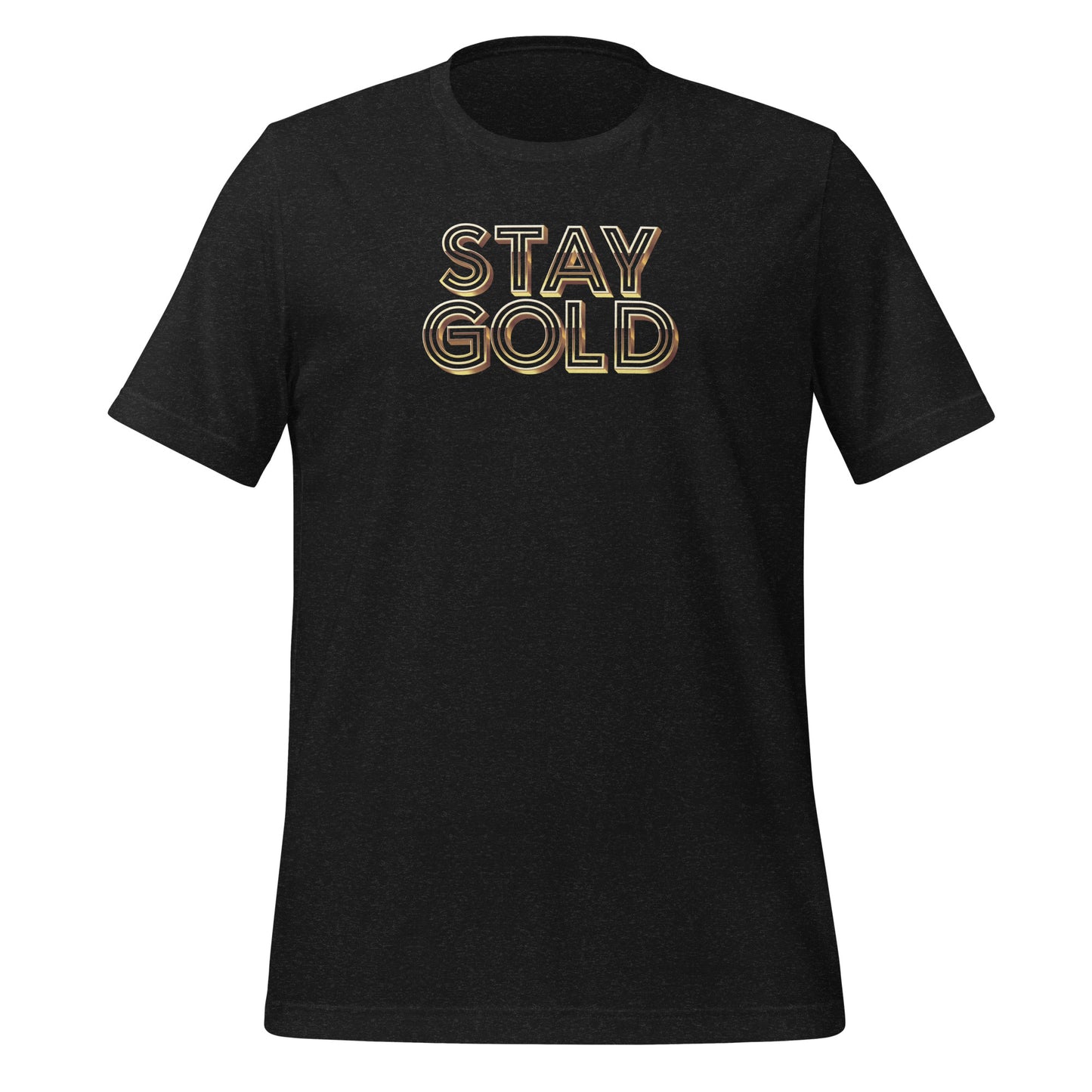 Heathered black short-sleeved tee with the words Stay Gold across the front in gold, dimensional type