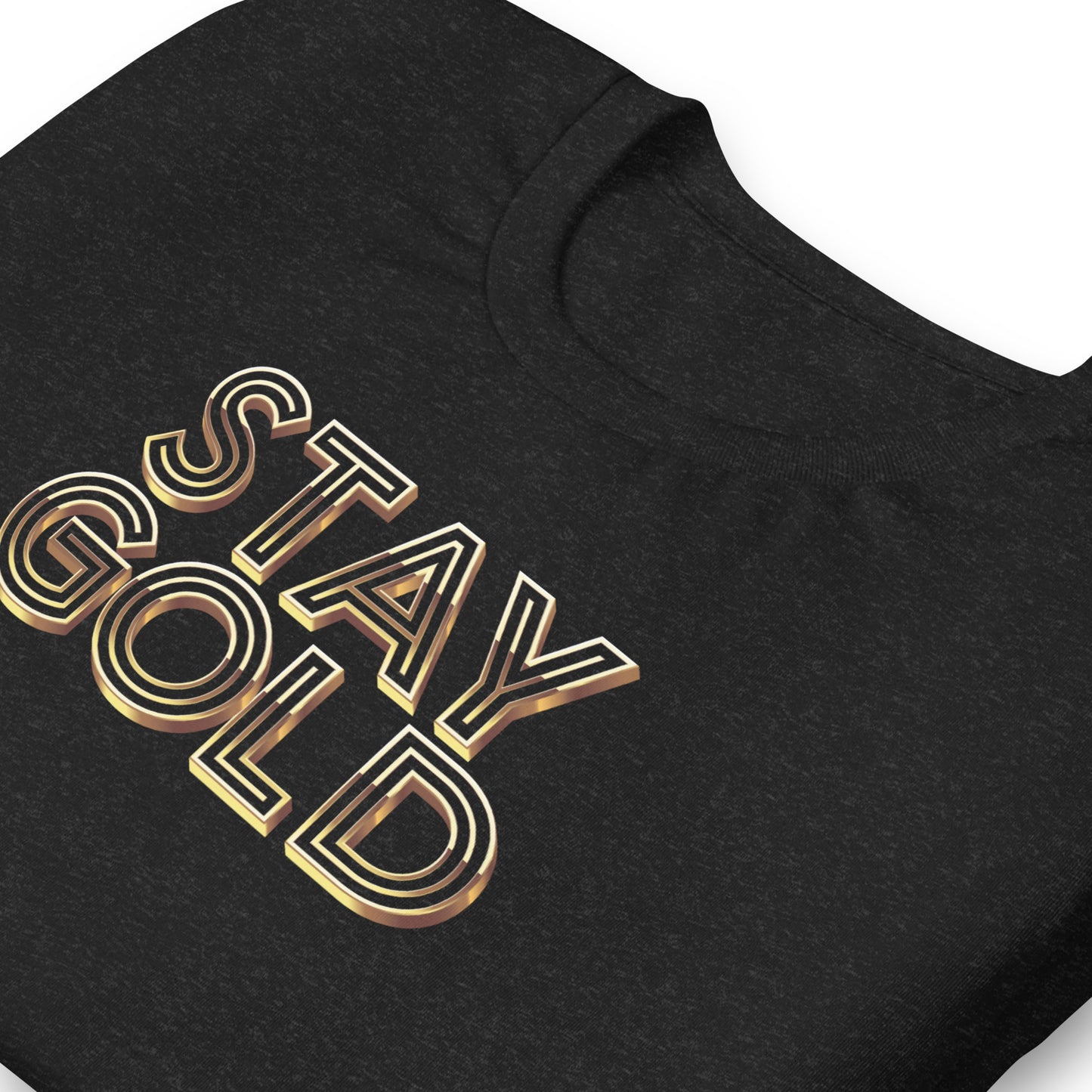 Close up of heathered black short-sleeved tee with the word Stay Gold across the front