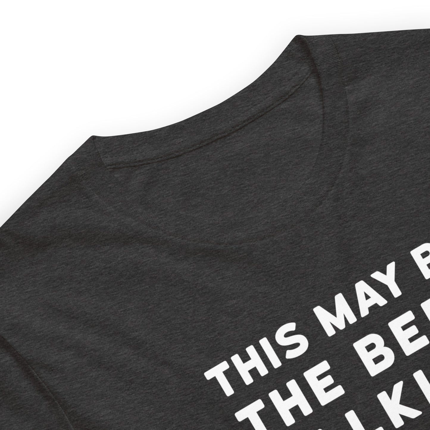 close up of Dark Gray color heather tee with white and yellow lettering, This May be the beer talking but I love beer