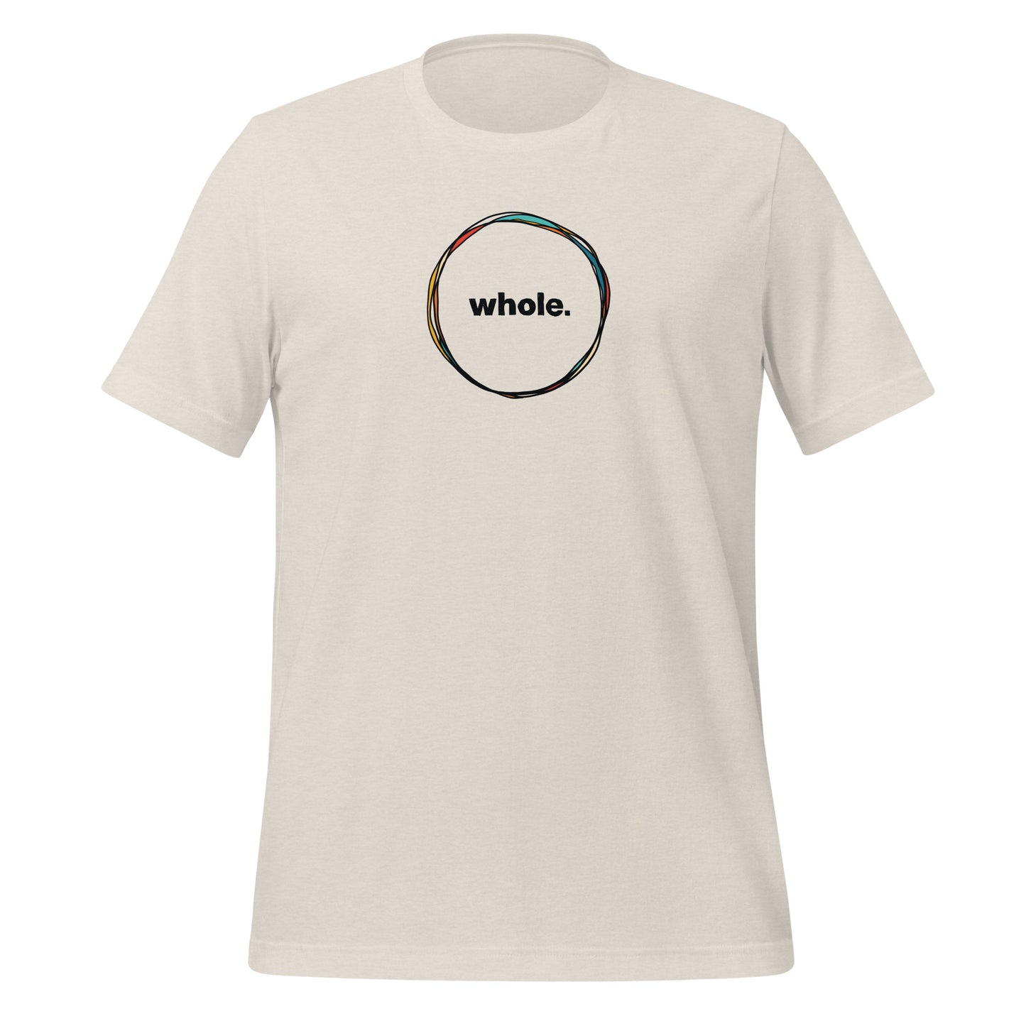 off-white color heather tee with a hand-drawn circle with the word, whole, in the middle