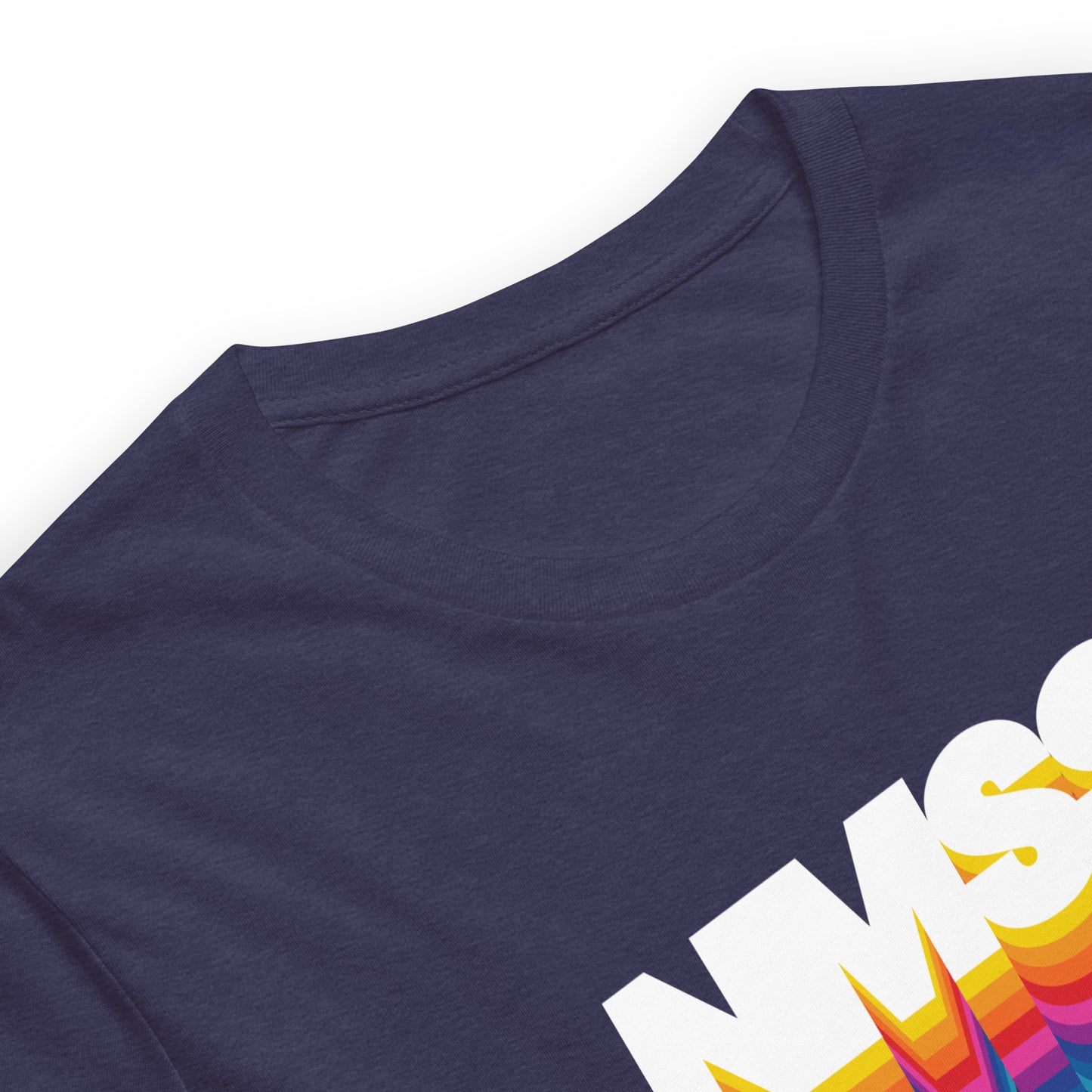 close up of Midnight navy color heather tee with colorful N M S S lettering