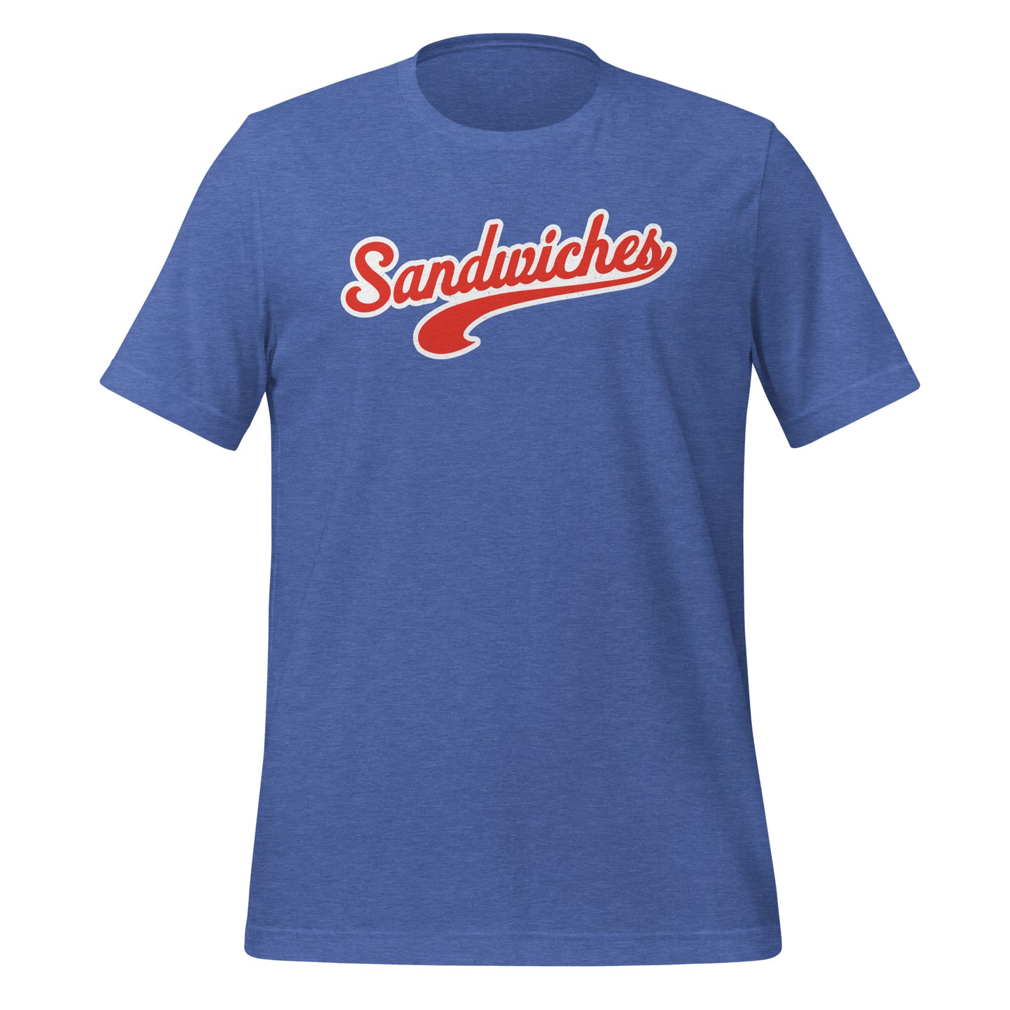Heathered blue short-sleeved tee with the word Sandwiches across the front.
