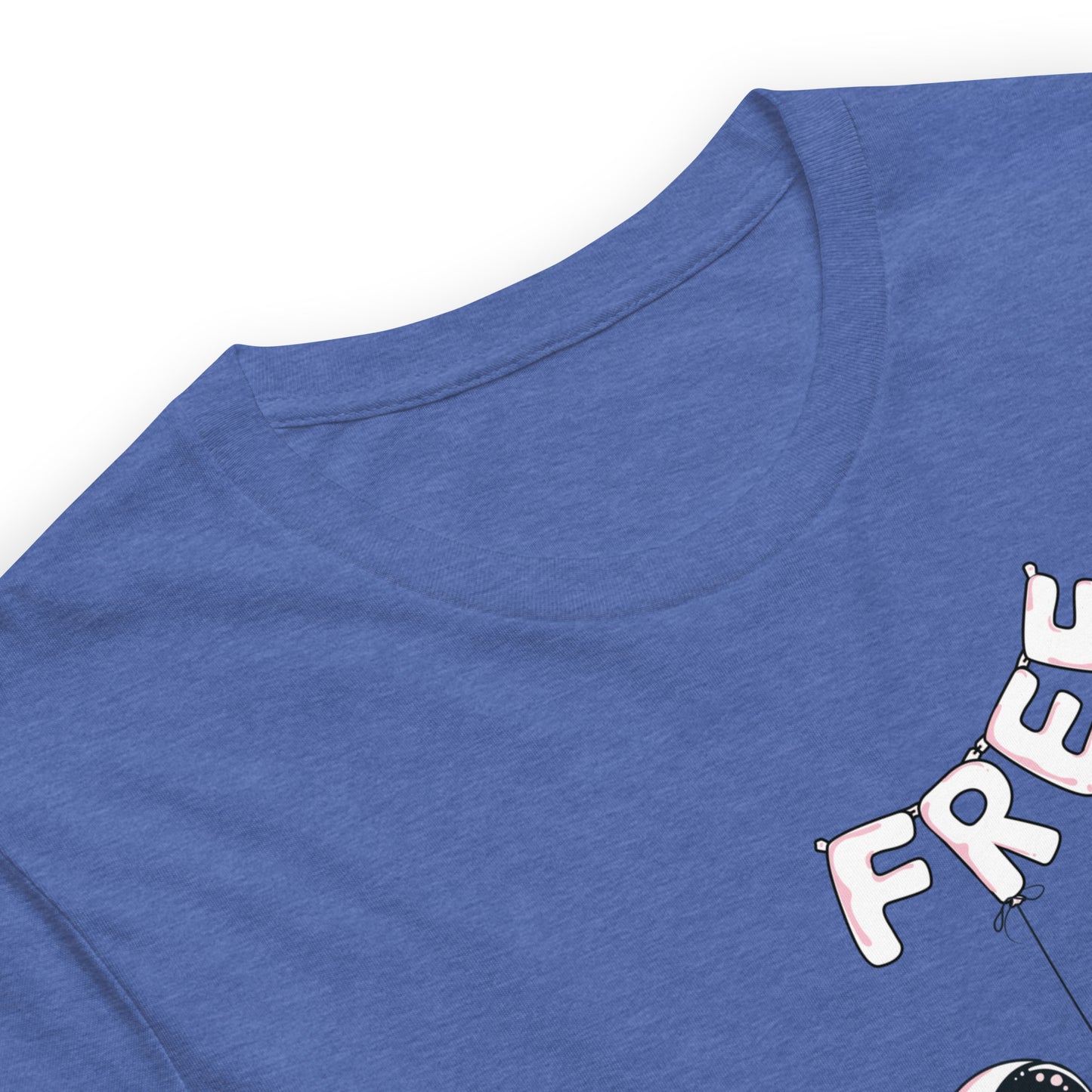 True Royal blue color heather tee with an alien holding balloons that spell the word free close up