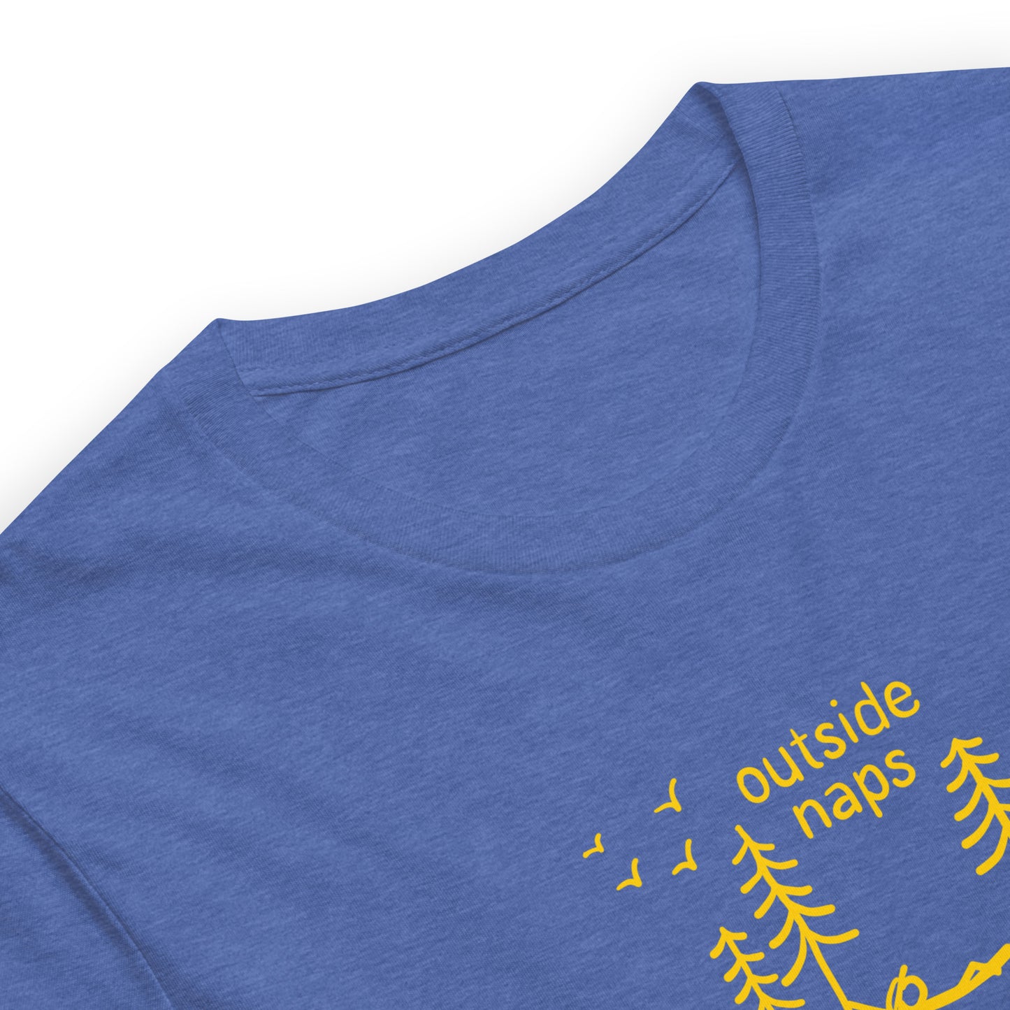 close up of Royal blue color heather shirt with a yellow hand drawn illustration of someone laying in a hammock in the trees