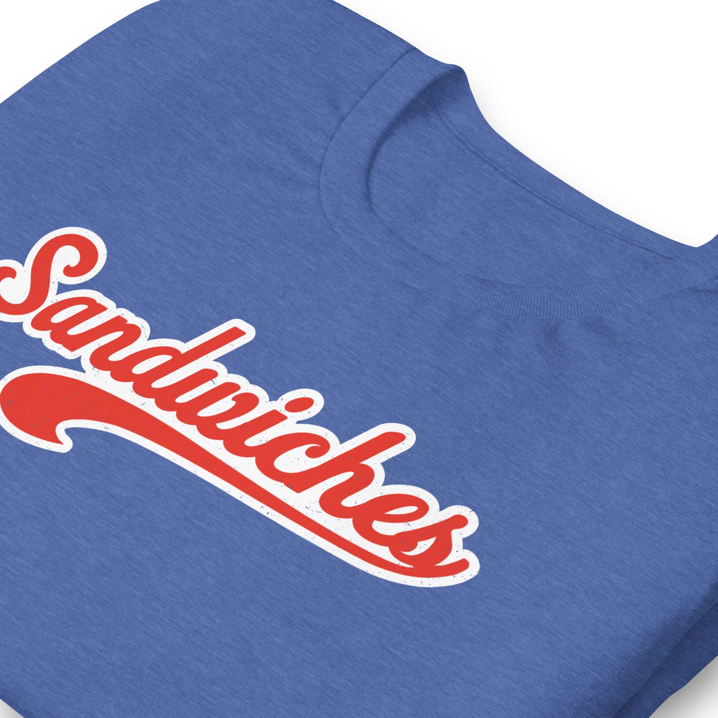 Close up of heathered blue short-sleeved tee with the word Sandwiches across the front