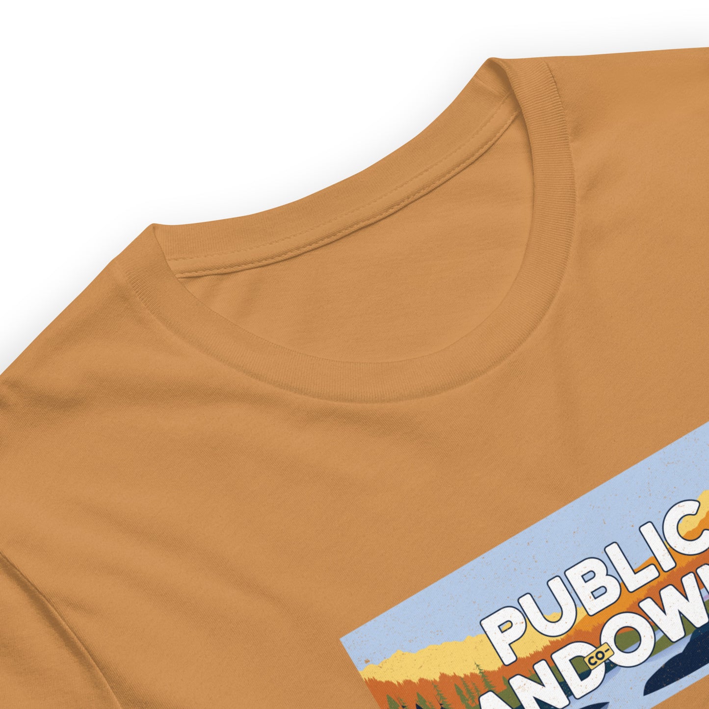 close up of toast color cotton tee with a rectangle landscape saying Public land co-owner inside