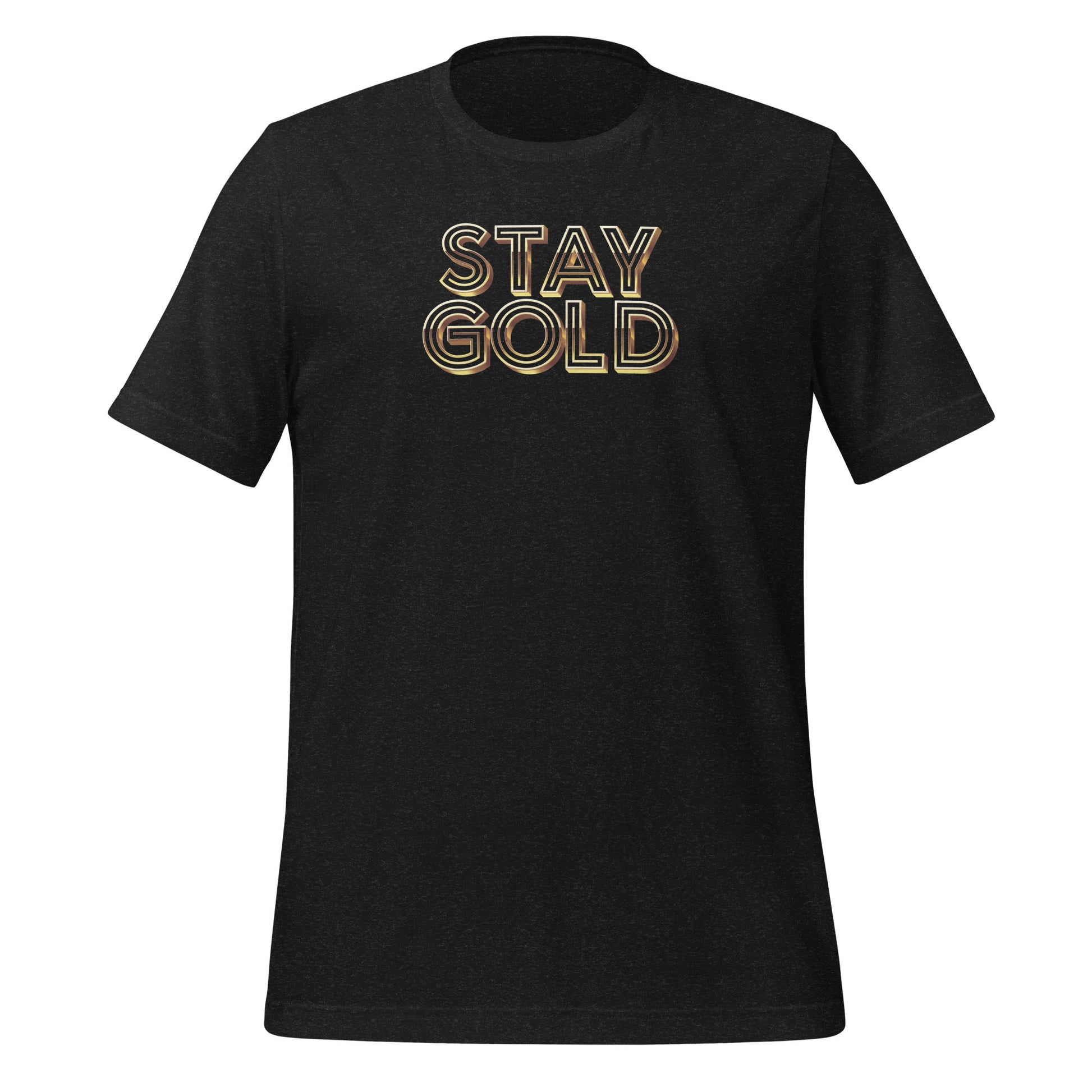 Heathered black short-sleeved tee with the words Stay Gold across the front in gold, dimensional type