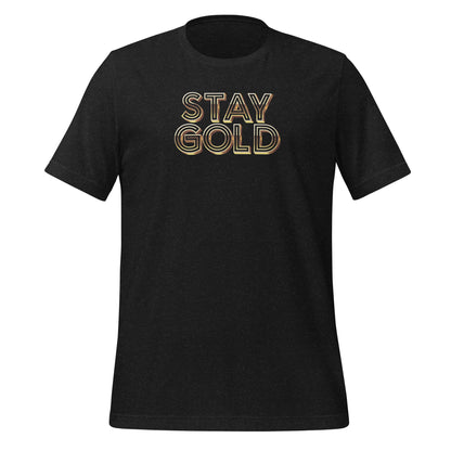 Heathered black short-sleeved tee with the words Stay Gold across the front in gold, dimensional type