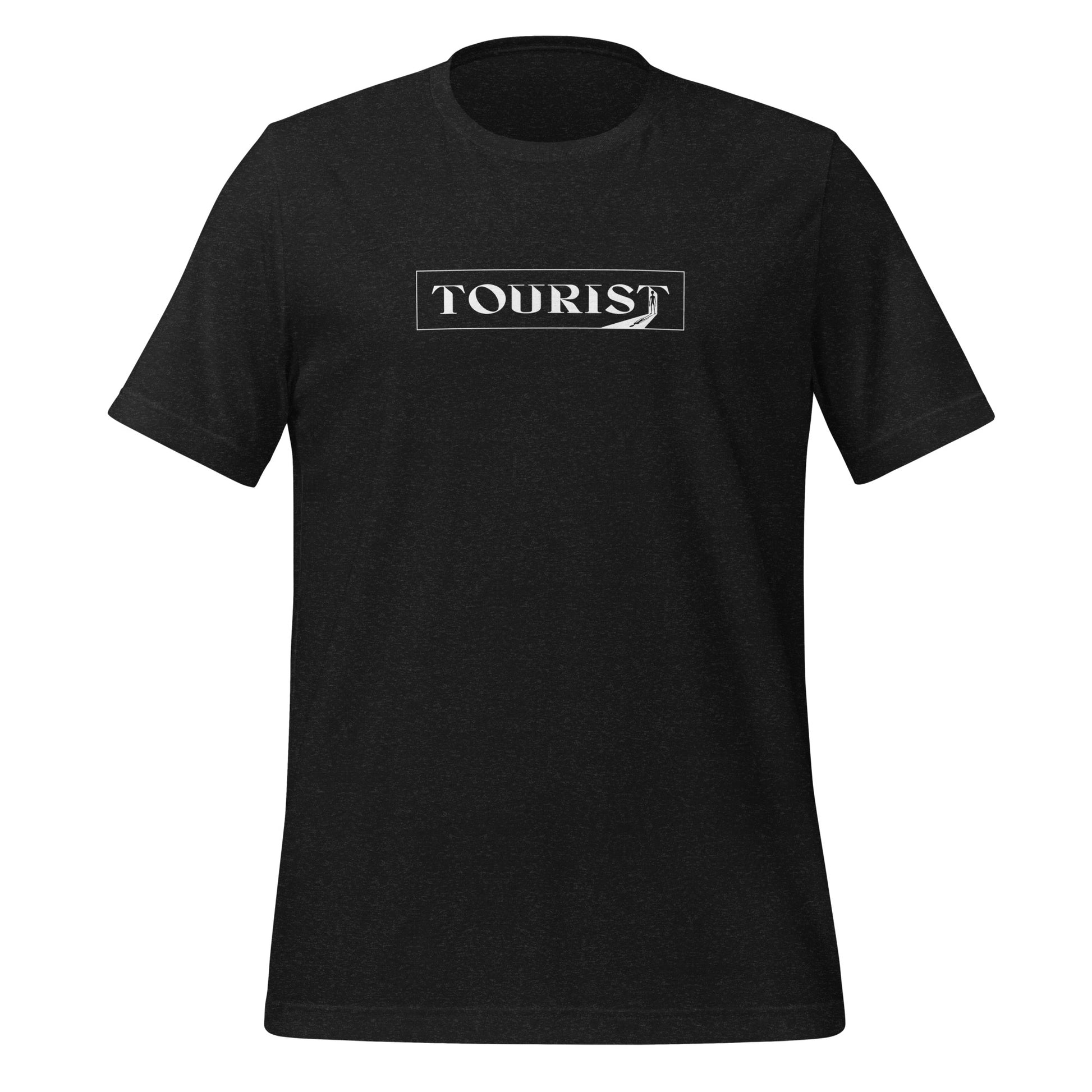 Dark gray color heather tee with the word Tourist in a rectangle with an alien