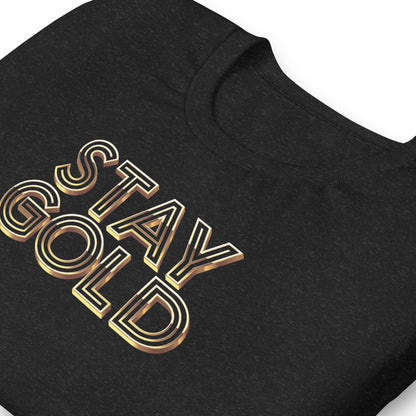Close up of heathered black short-sleeved tee with the word Stay Gold across the front