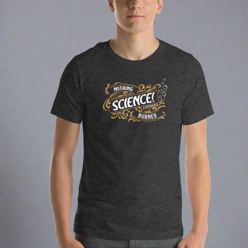 Dark gray color heather tee with gold and white test tube decorative design that says, Science! on model