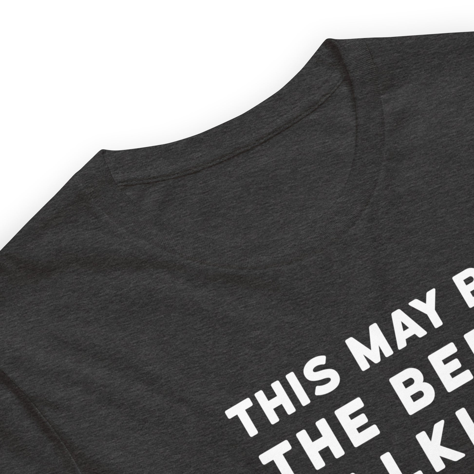close up of Dark Gray color heather tee with white and yellow lettering, This May be the beer talking but I love beer