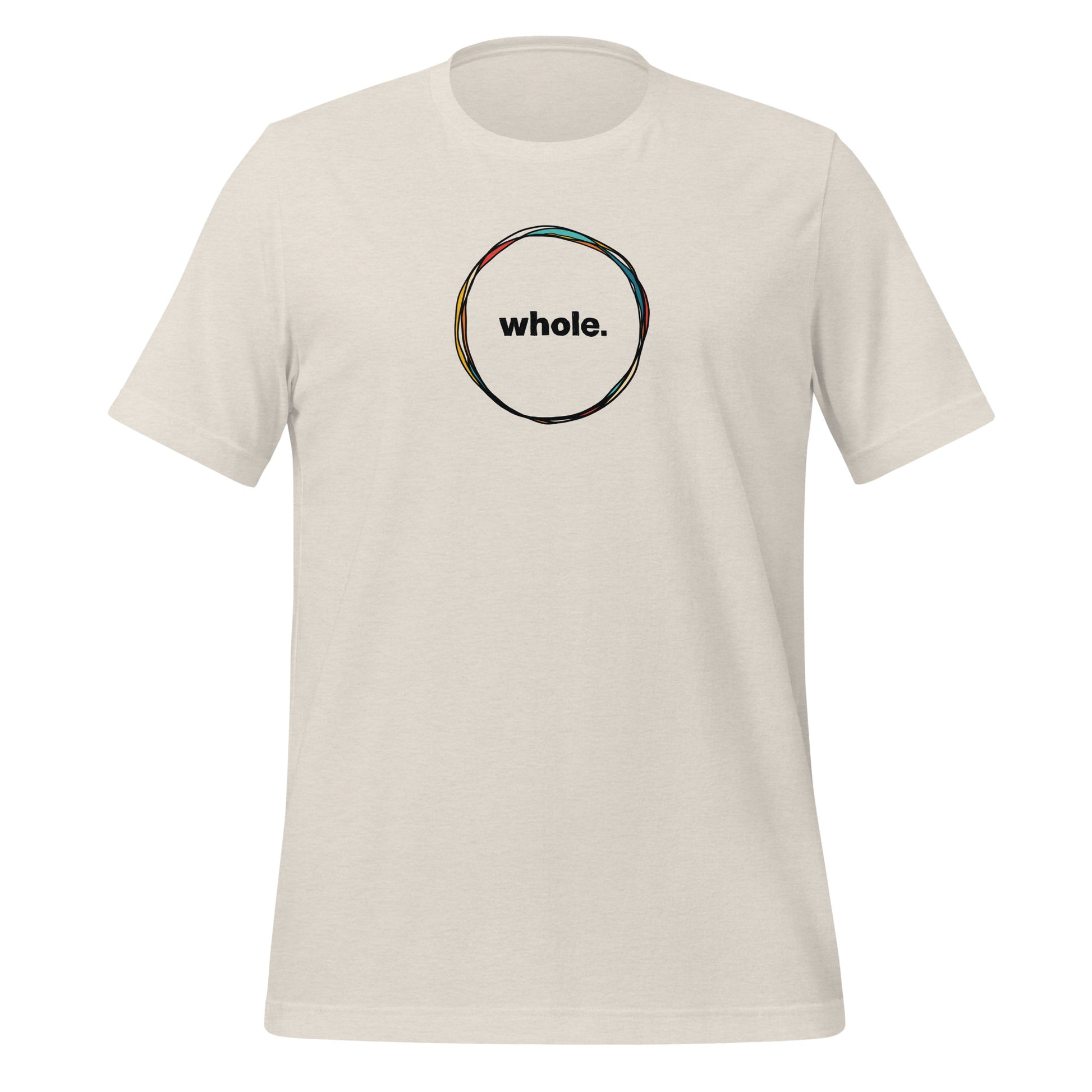 off-white color heather tee with a hand-drawn circle with the word, whole, in the middle