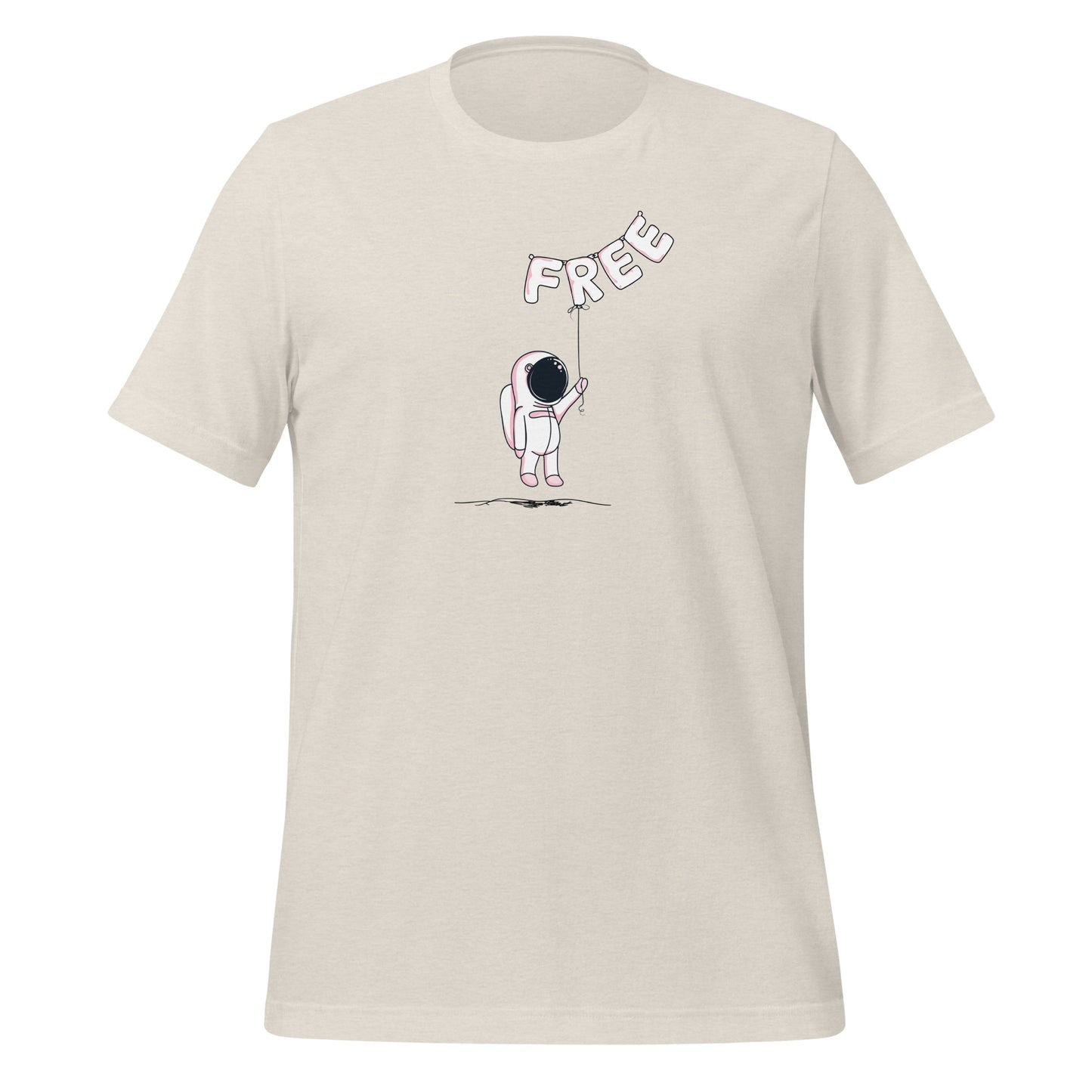 Heather dust color tee with an alien holding balloons that spell the word free