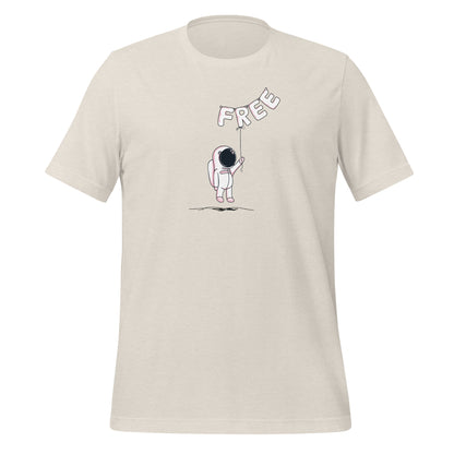 Heather dust color tee with an alien holding balloons that spell the word free