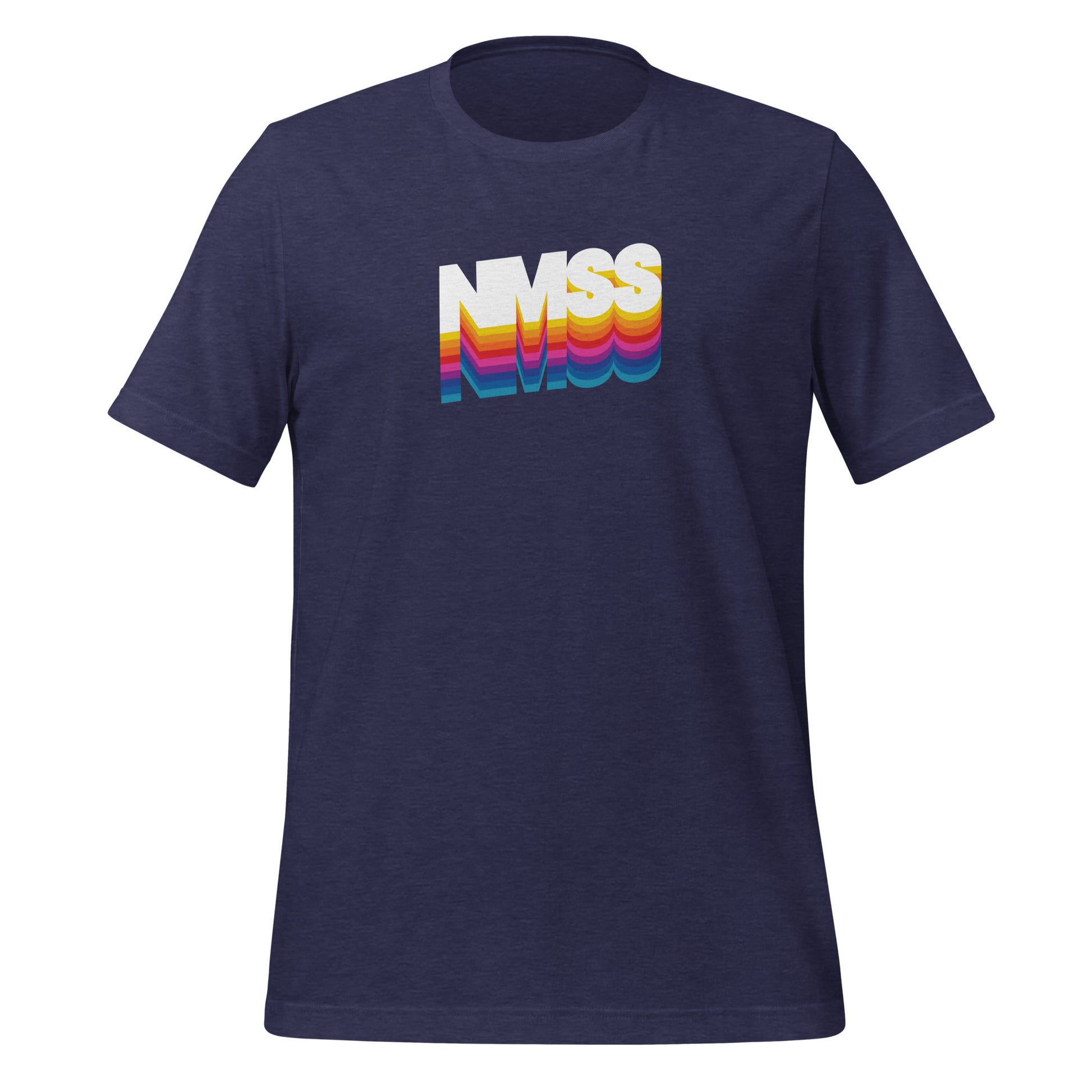 Midnight navy color heather tee with colorful N M S S lettering