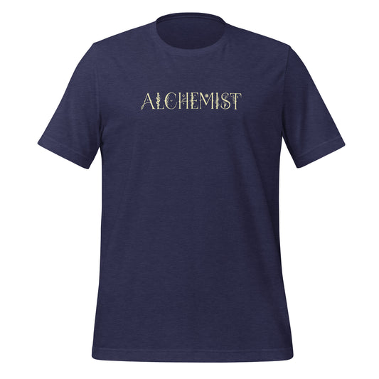 Midnight navy color heather tee that says Alchemist in descriptive light yellow type