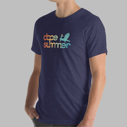 Midnight navy color heather tee with the adirondak Dope Summer logo on the front on a male model