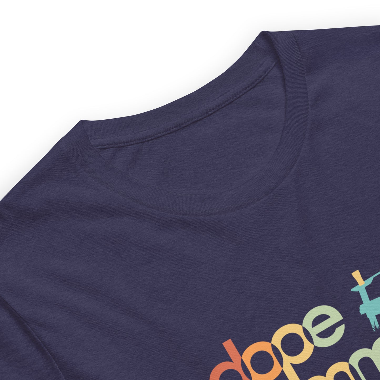 Midnight navy color heather tee with the adirondak Dope Summer logo close up