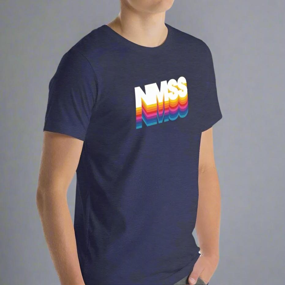 Midnight navy color heather tee with colorful N M S S lettering on male model