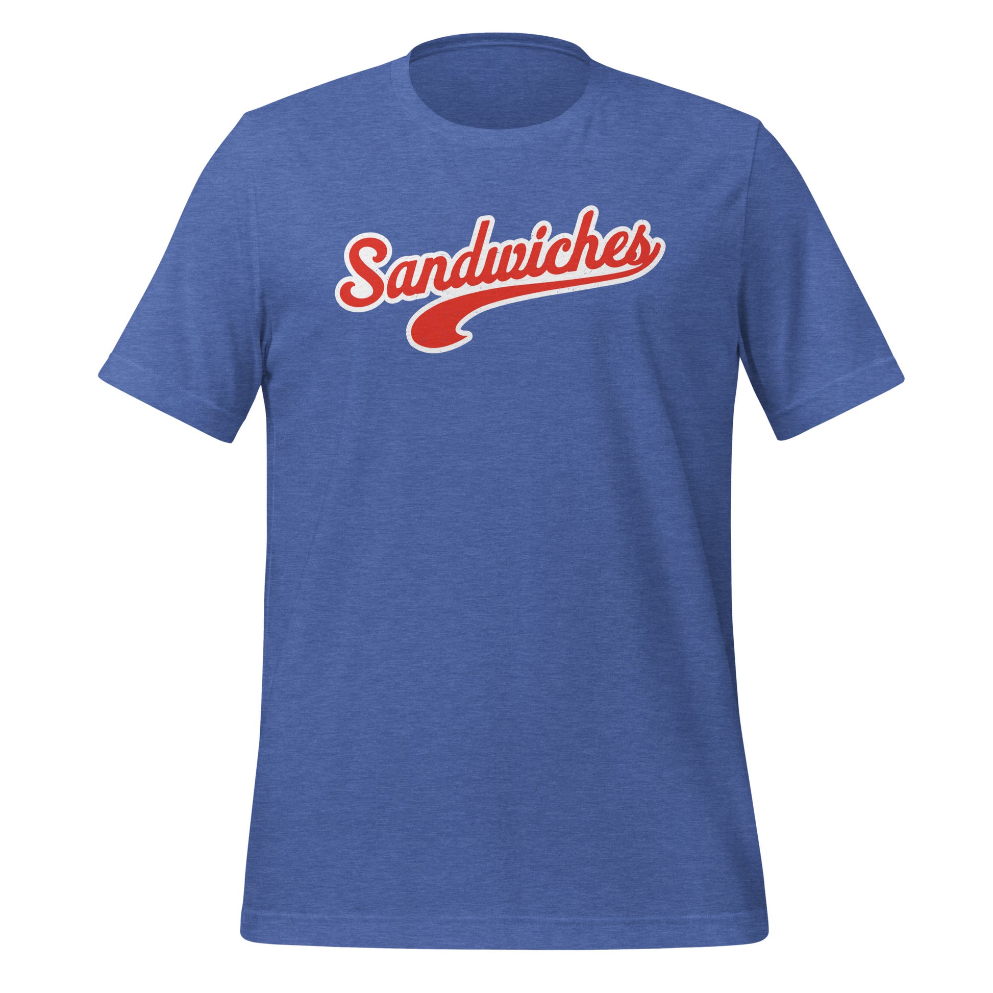 Heathered blue short-sleeved tee with the word Sandwiches across the front.