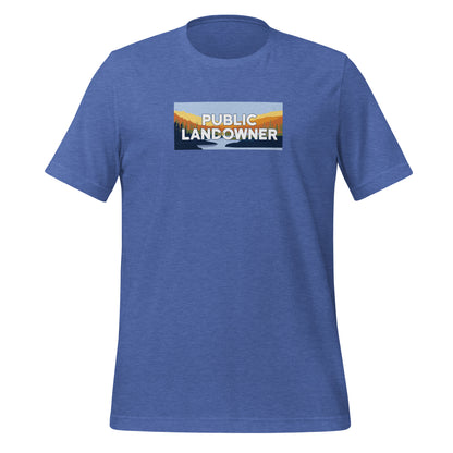 Royal blue color heather tee with a rectangle landscape saying Public land co-owner inside