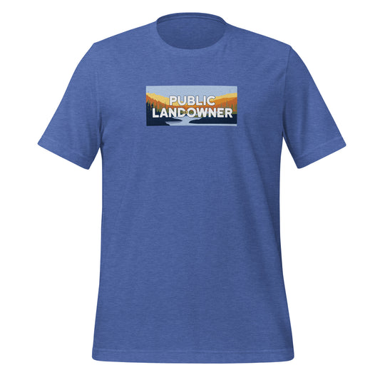 Royal blue color heather tee with a rectangle landscape saying Public land co-owner inside