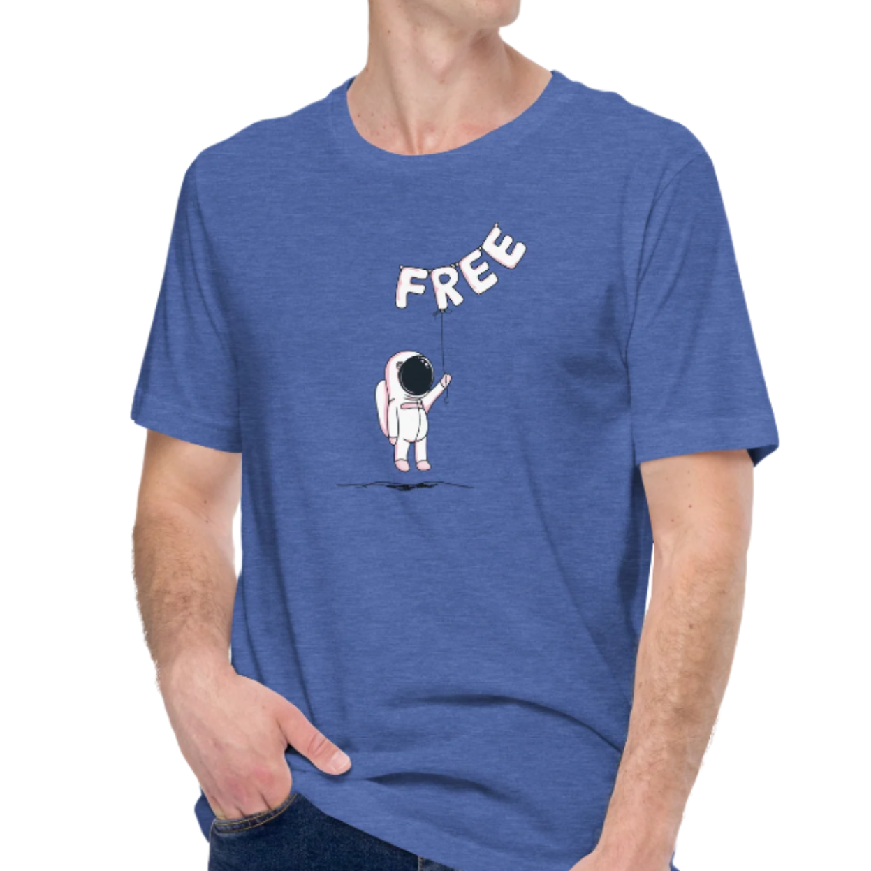 True Royal Blue color heather tee with an alien holding balloons that spell the word free on male model