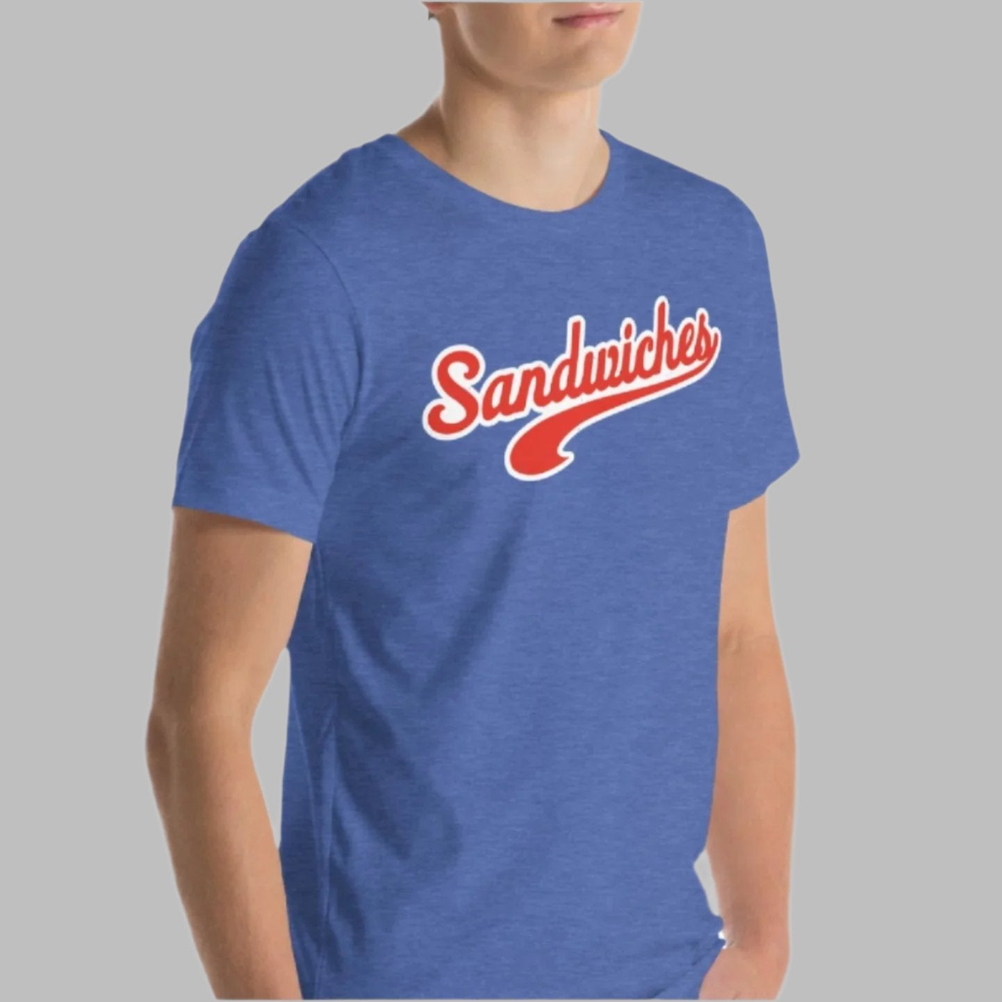 Heather Blue short-sleeved tee on male model with the word Sandwiches across the front.