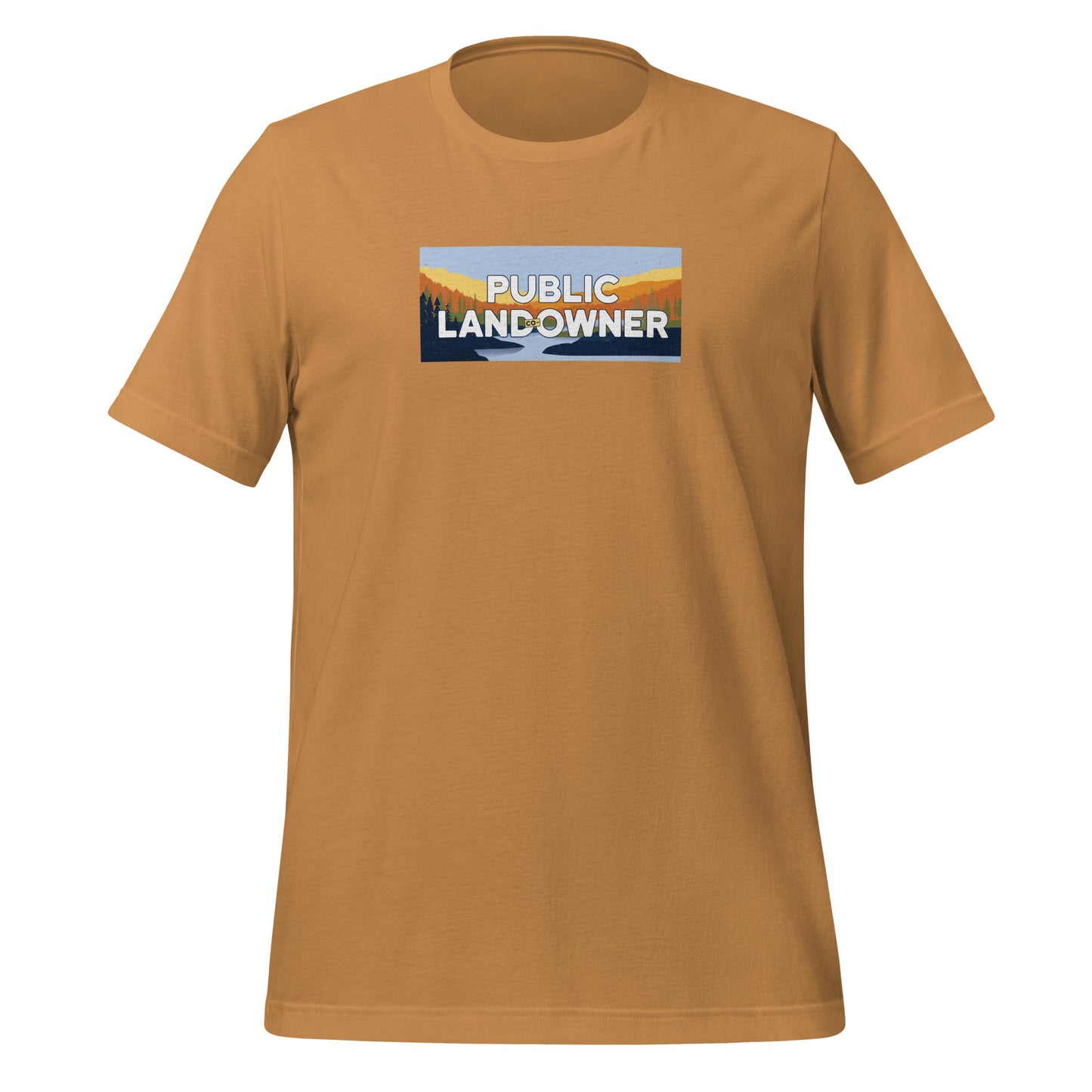 toast color cotton tee with a rectangle landscape saying Public land co-owner inside