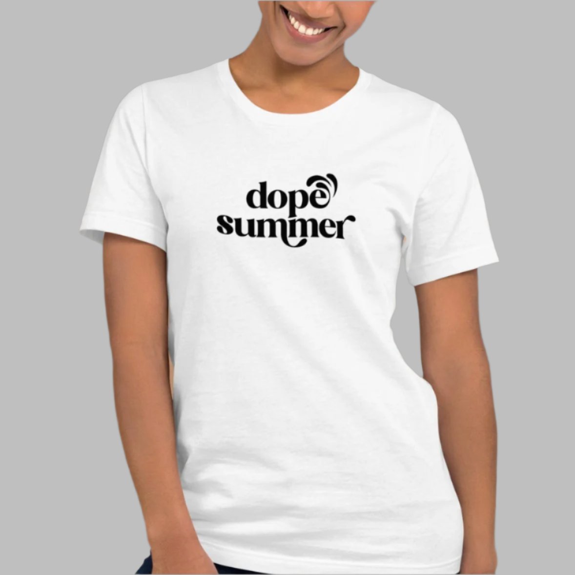 White cotton tee with the Dope Summer logo on the front on a female model